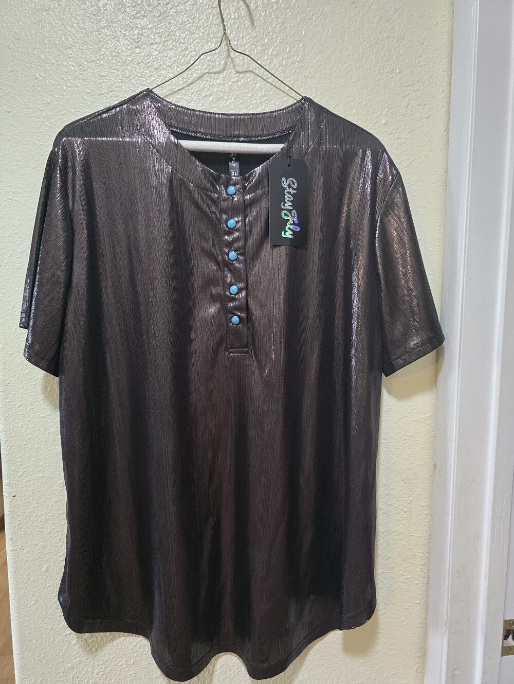 2 Fky Metallic Copper/black Short-Sleeve Henley Shirt with Turquoise Buttons